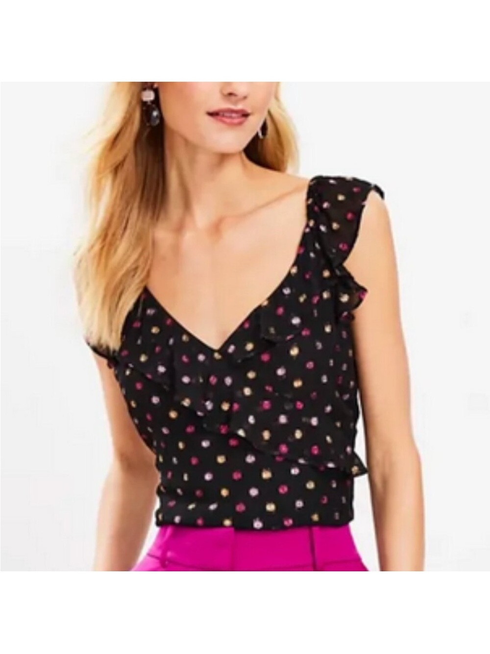 LOFT Black Polka Dot Ruffle V-Neck Camisole